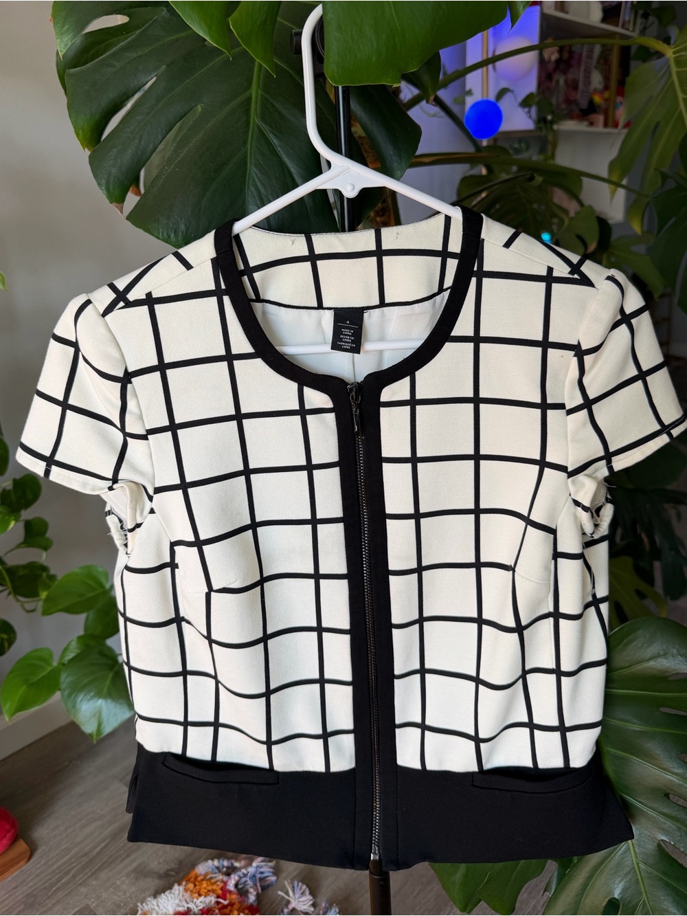 White House Black Market Black and White Windowpane Zip Short Sleeve Top
